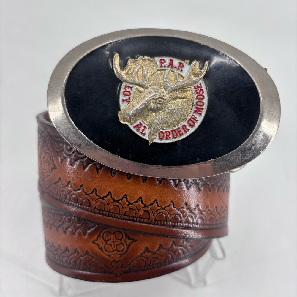 Vintage P.A.P. Loyal Order of Moose Purity Aid Progress Buckle Leather Belt